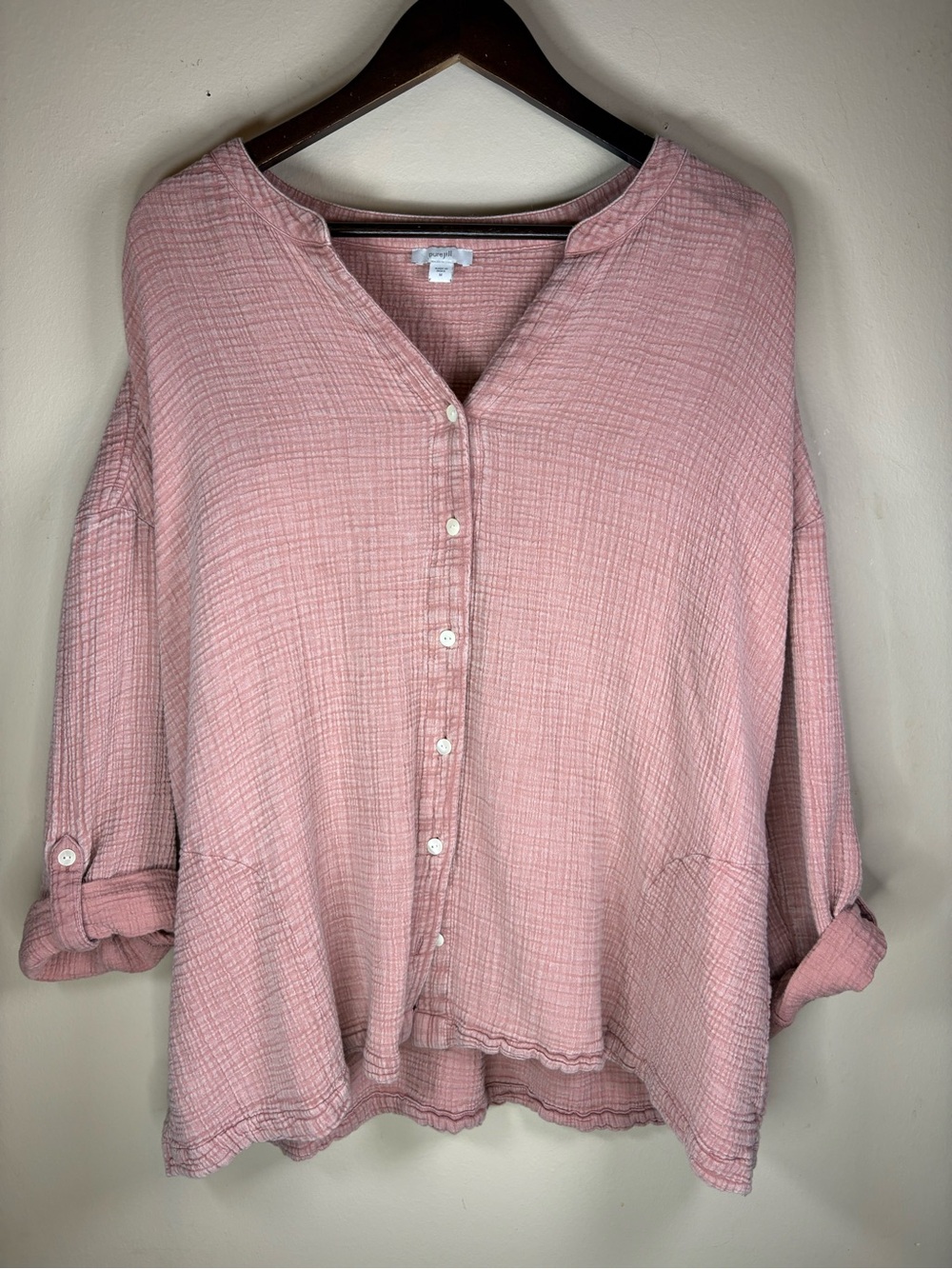 Pure J. Jill Dusty Pink Crinkle Gauze Button Front Shirt Size Medium 100% Cotton